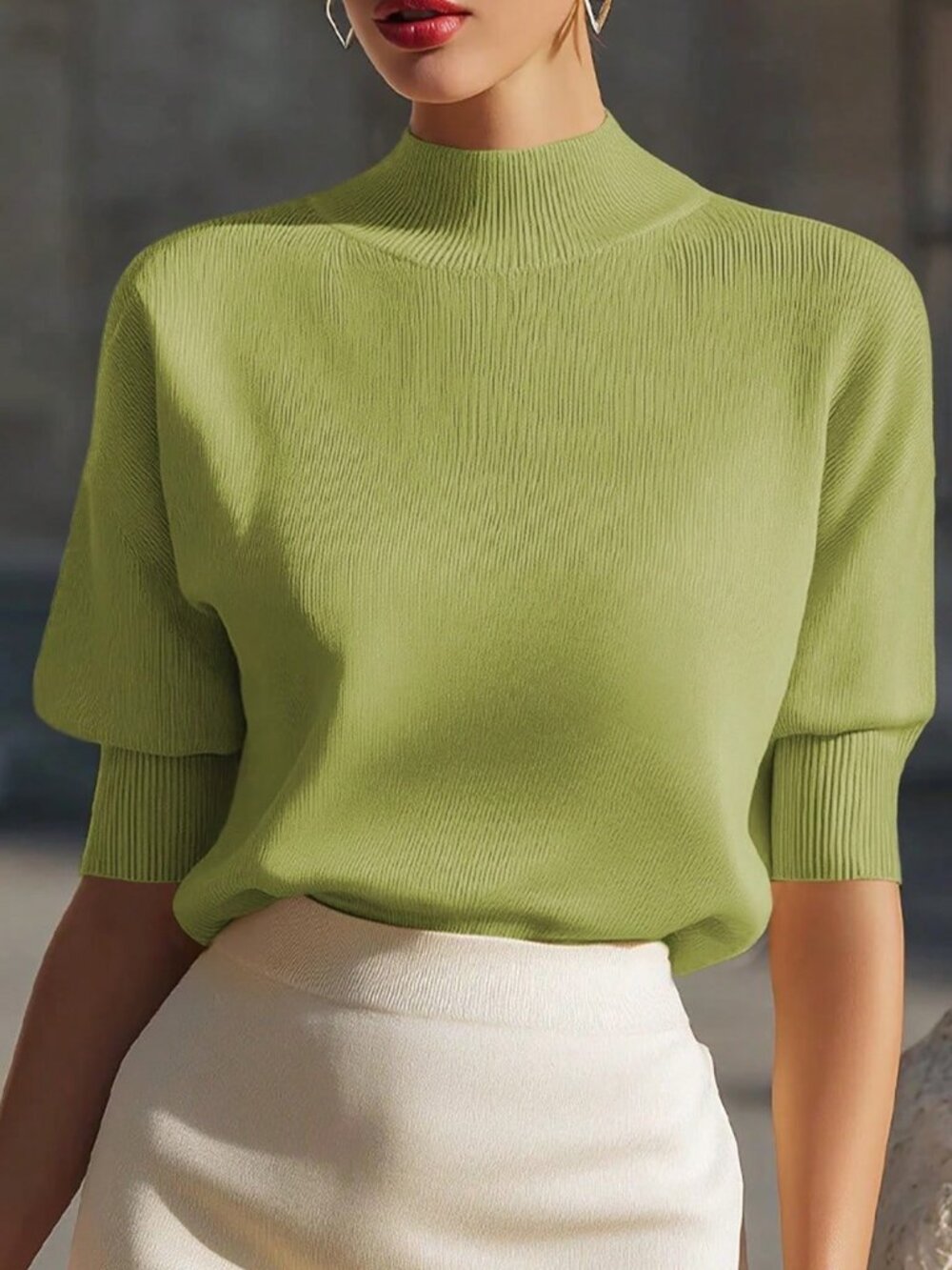 Green Casual Women's V-Neck Dropped Shoulder Short Sleeve Loose Knit Top
